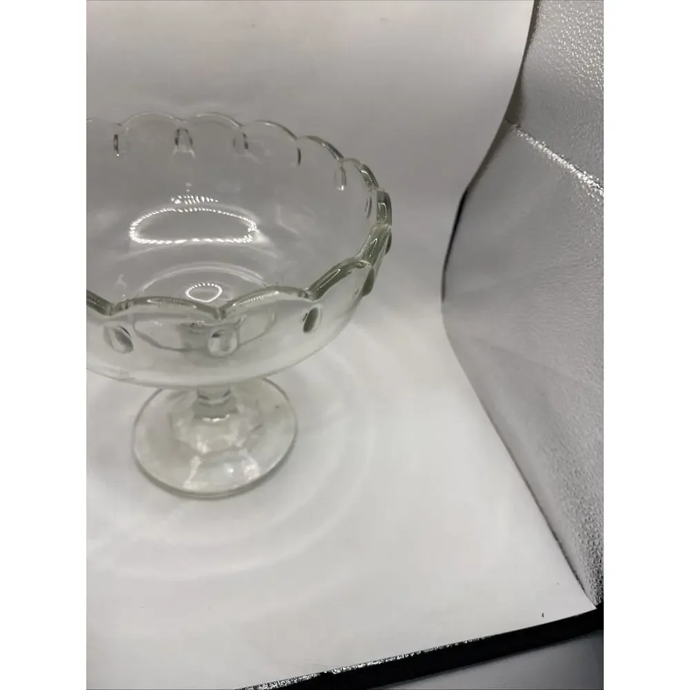 Vintage Clear Pressed Glass Pedestal Compote Bowl Scalloped Rim 7.5” *